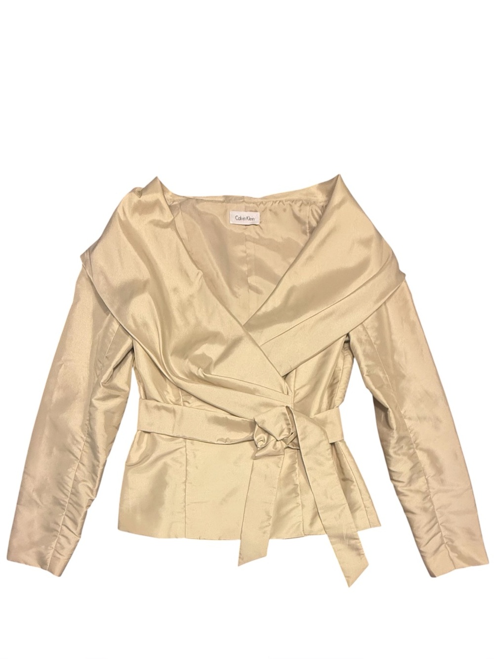 Calvin Klein Shawl Collar Beige Light Weight Satin Wrap Blazer Jacket Size Small